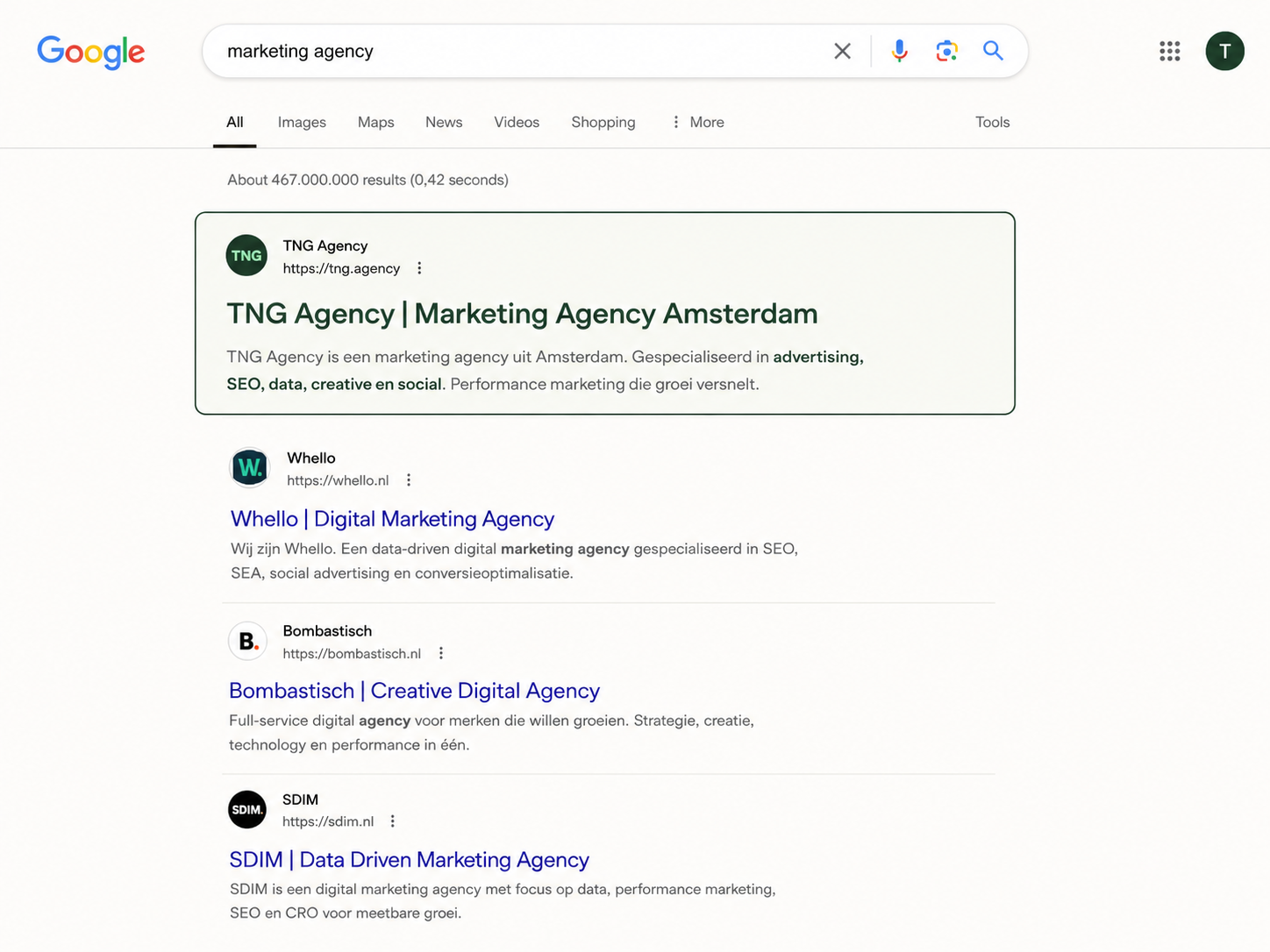 Zoekmachine Google SEO TNG agency